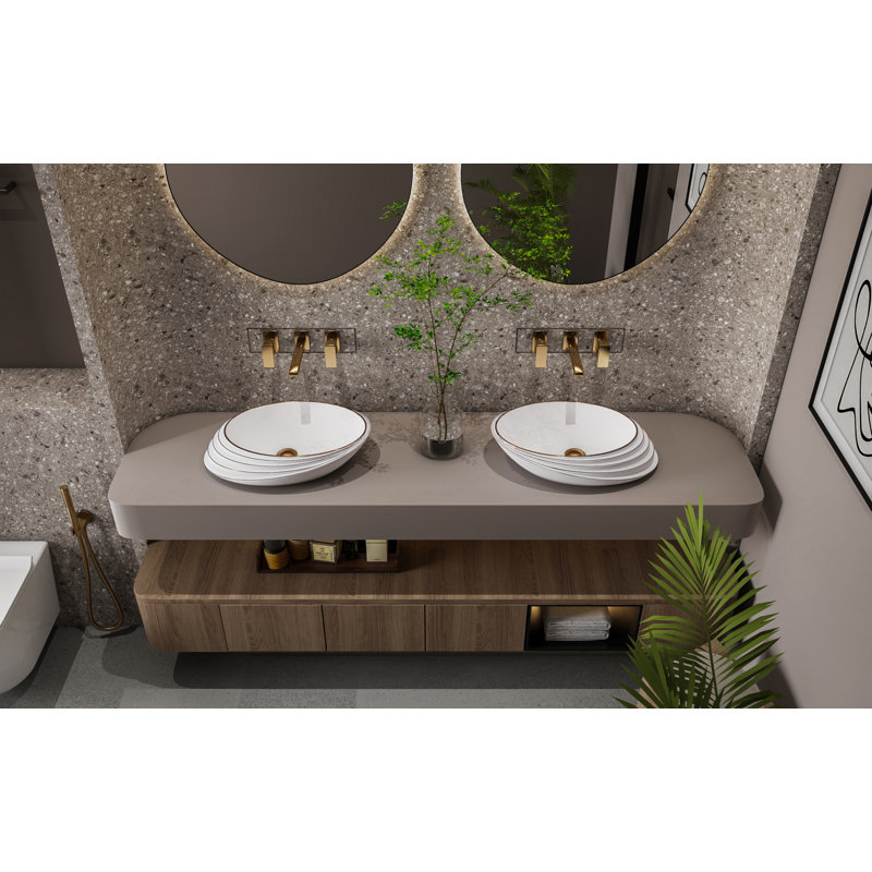 MEJE 21" Rose Gold Embossed Art Basin, Ceramic Slant Oval Bathroom Sink (with Pop Up Drain